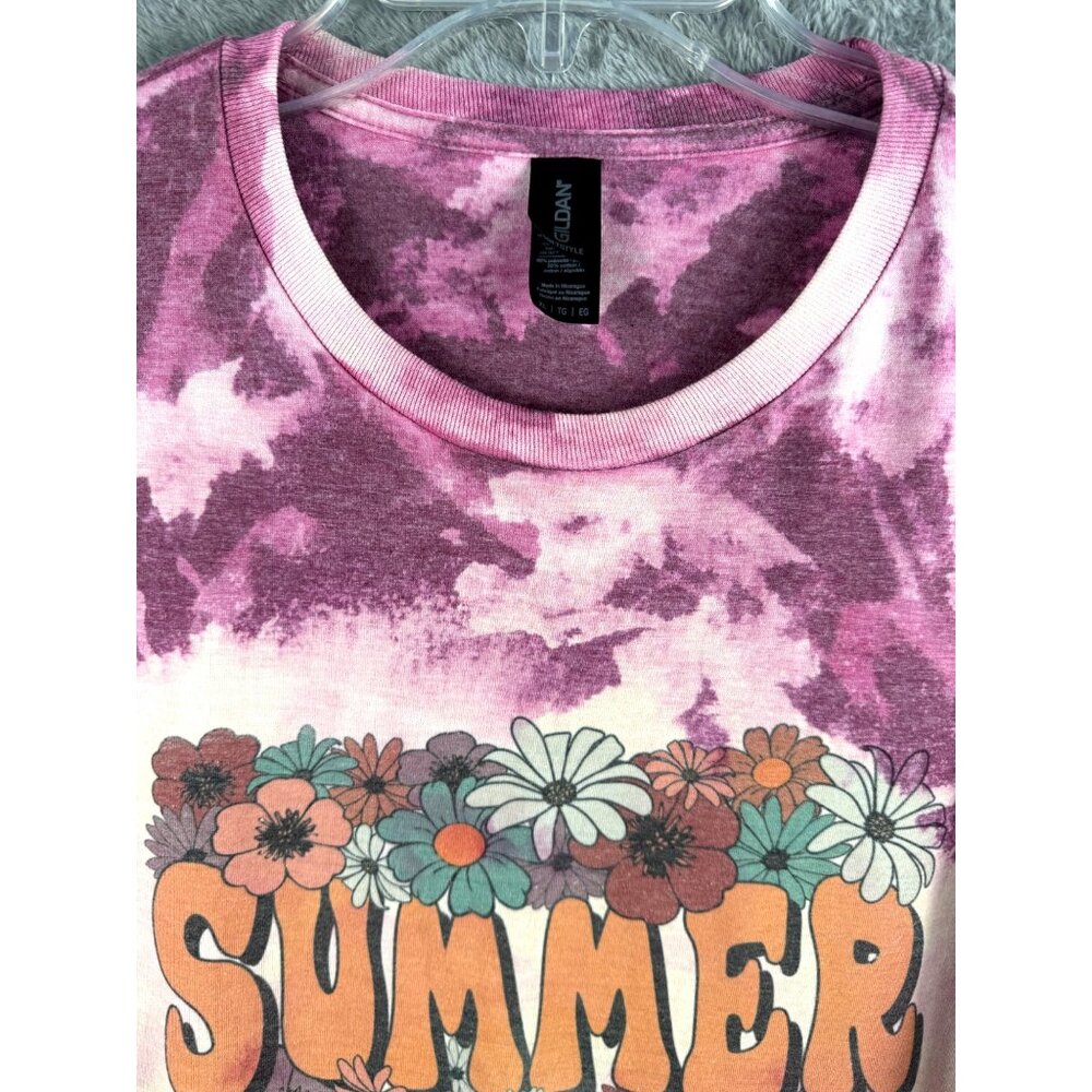 Gildan Womans Shirt Floral Tie-Dye Summer T-Shirt X-Large Beach Lake Vibes Top - Picture 2 of 7